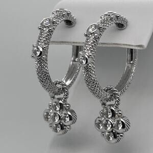 Judith Ripka Diamonique Sterling Silver CZ Hoop Earrings with Flower Charm